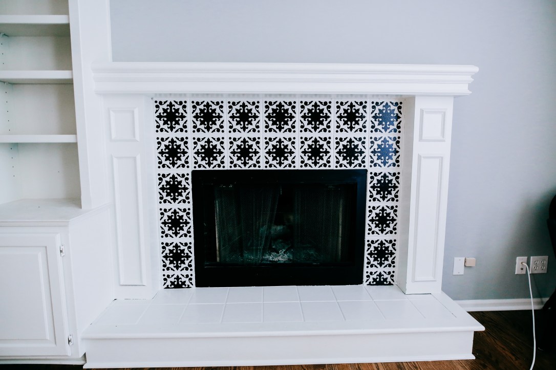 DIY fireplace stencil paint update black white modern