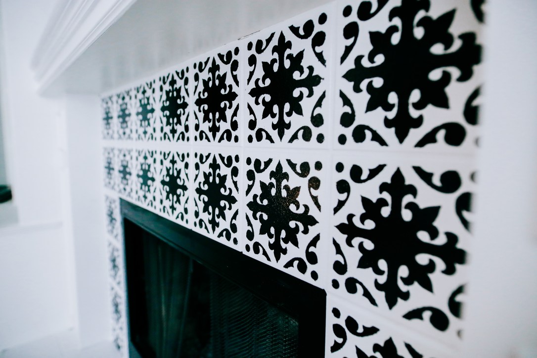 DIY fireplace stencil paint update black white modern