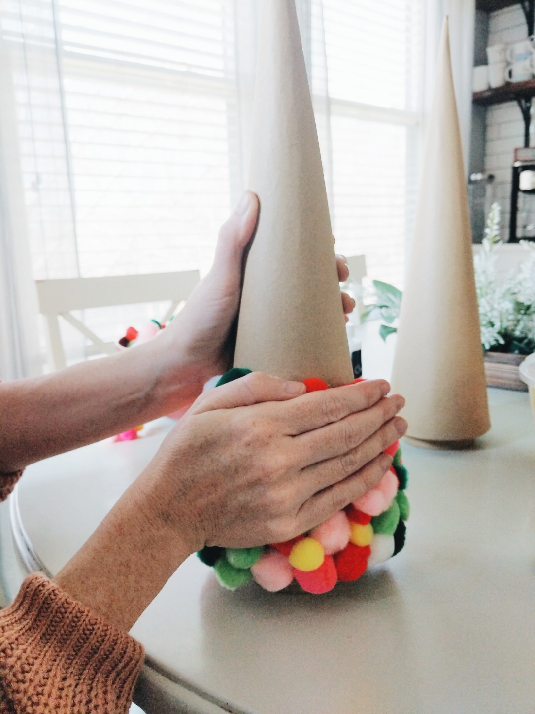 Christmas mantel holiday decor pom pom trees multi colored stockings DIY