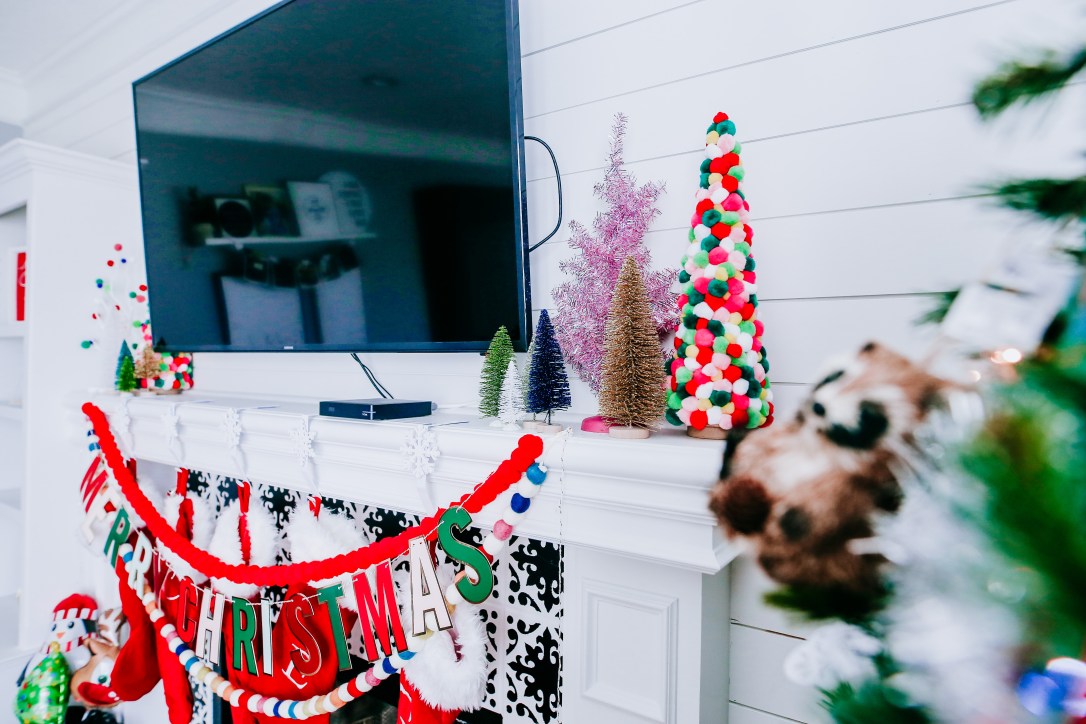 Christmas mantel holiday decor pom pom trees multi colored stockings DIY