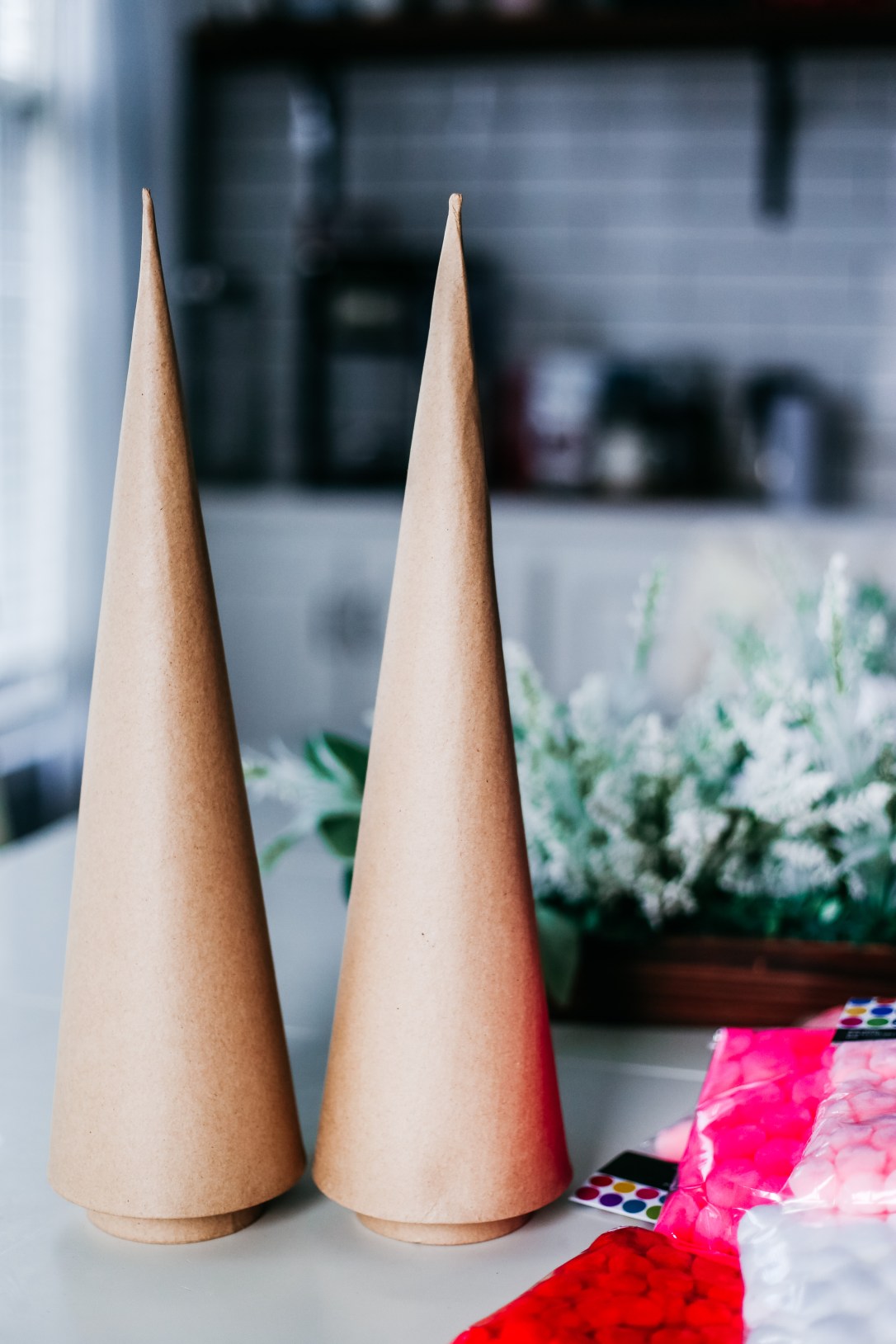 Christmas mantel holiday decor pom pom trees multi colored stockings DIY