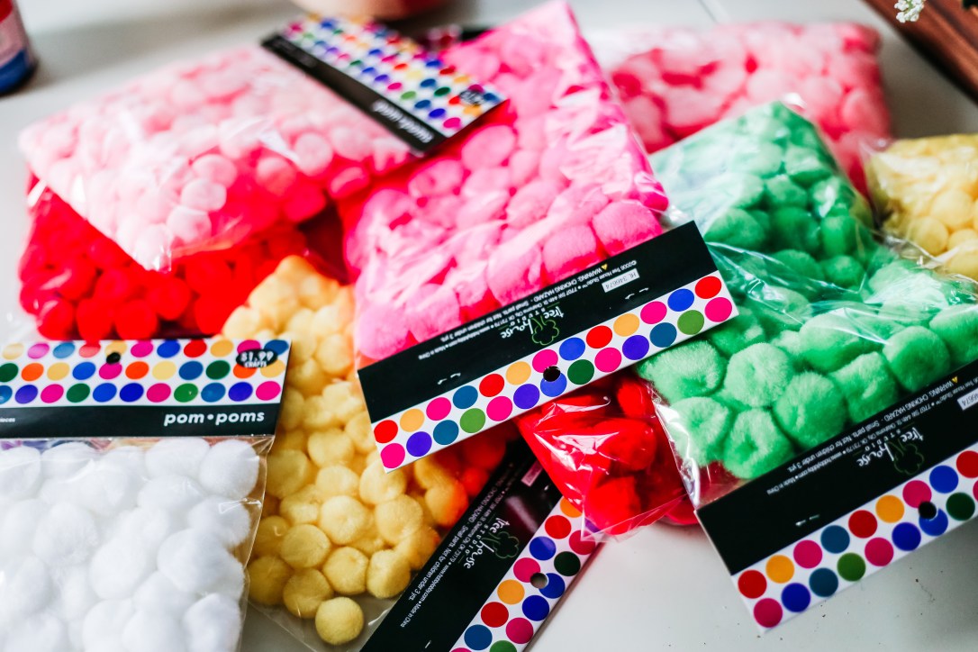 Christmas mantel holiday decor pom pom trees multi colored stockings DIY