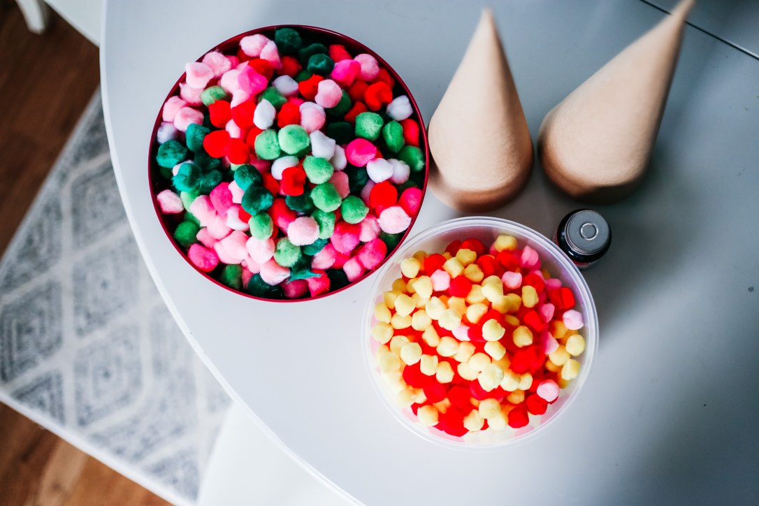 Christmas mantel holiday decor pom pom trees multi colored stockings DIY