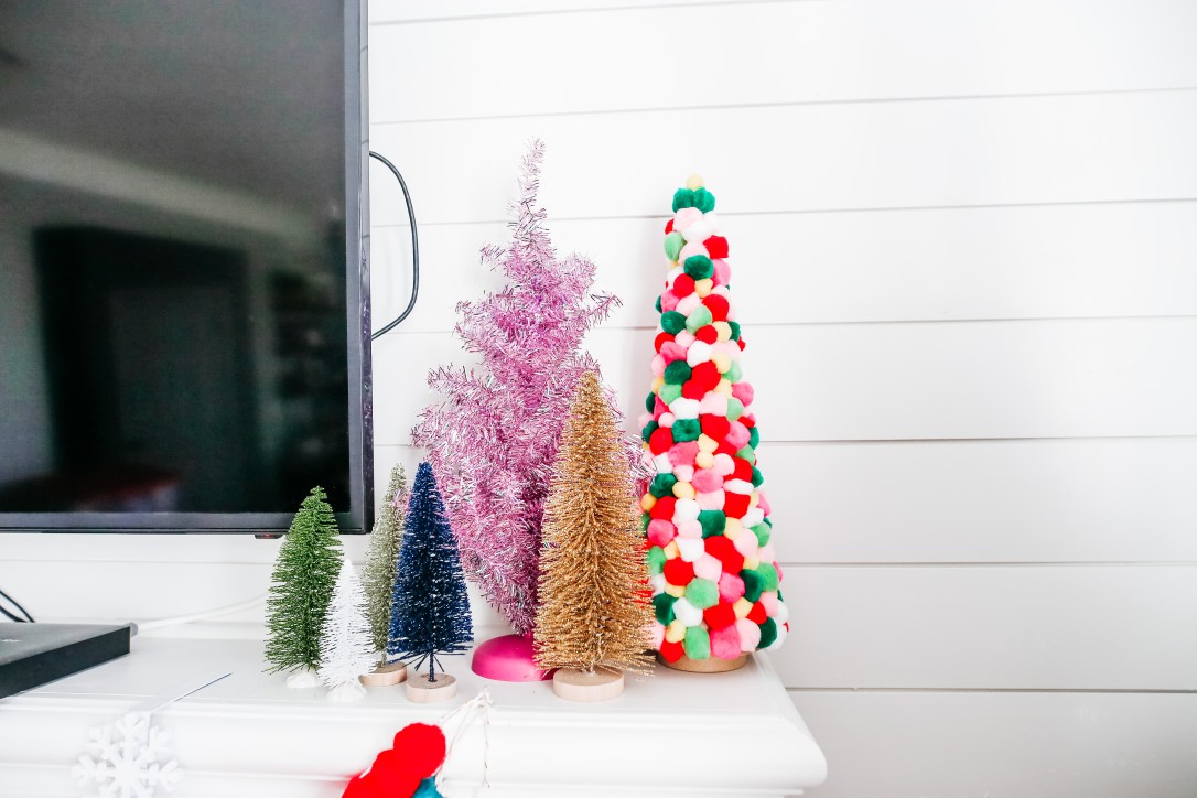 Christmas mantel holiday decor pom pom trees multi colored stockings DIY