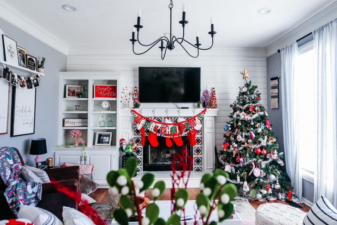 Christmas mantel holiday decor pom pom trees multi colored stockings DIY