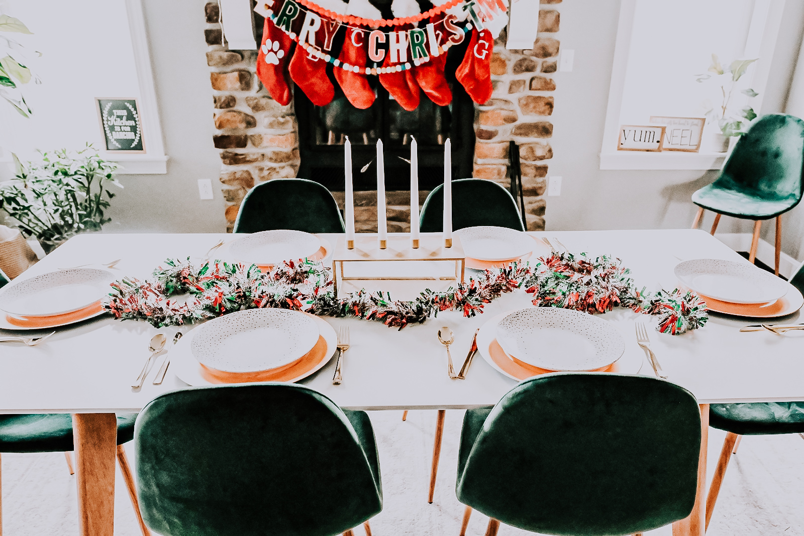 fireplace holiday decor christmas mantel stockings tiny christmas trees