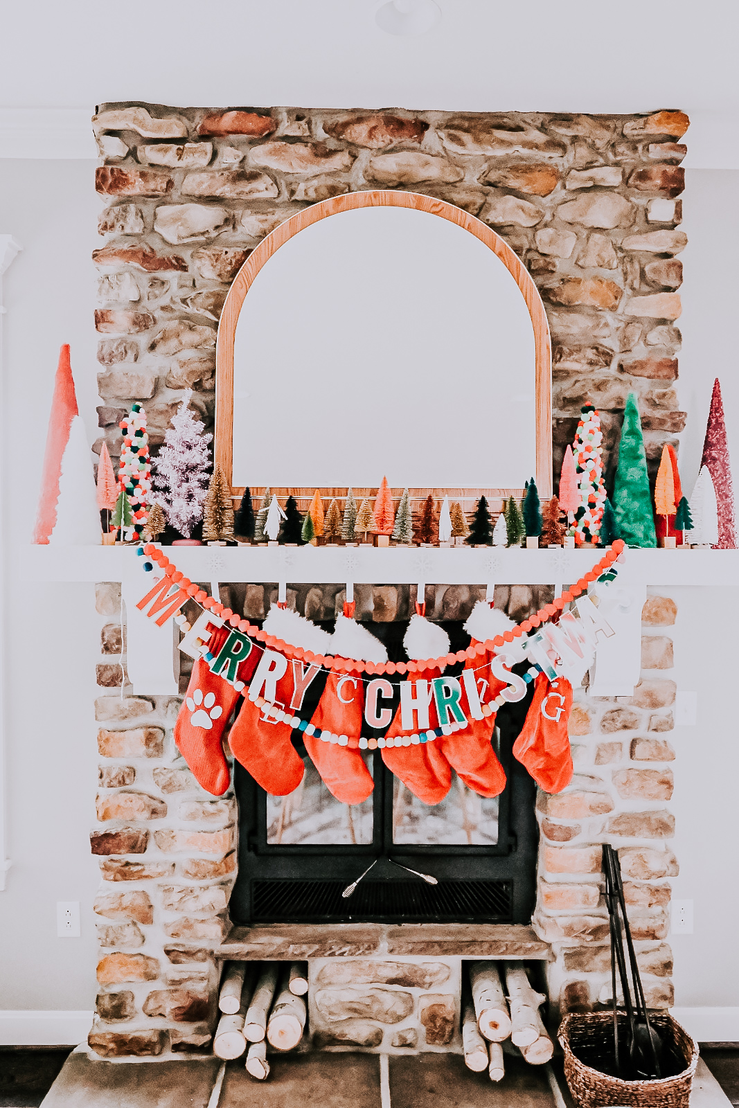 fireplace holiday decor christmas mantel stockings tiny christmas trees