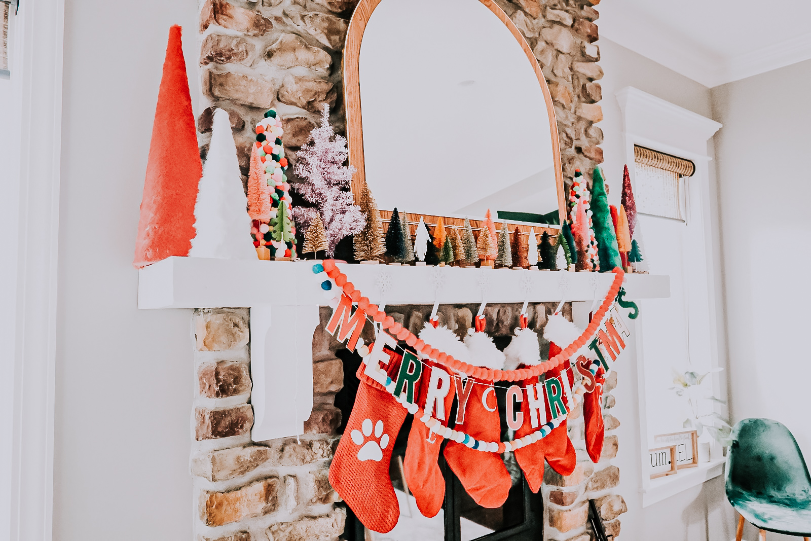 fireplace holiday decor christmas mantel stockings tiny christmas trees