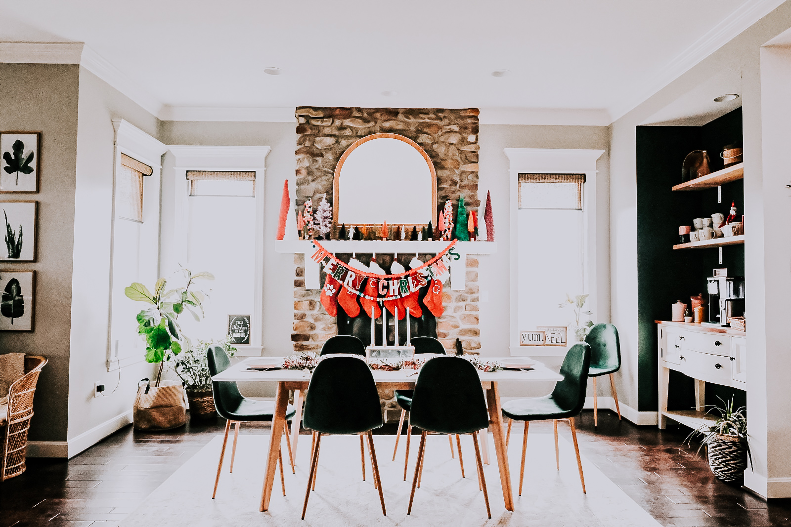 fireplace holiday decor christmas mantel stockings tiny christmas trees